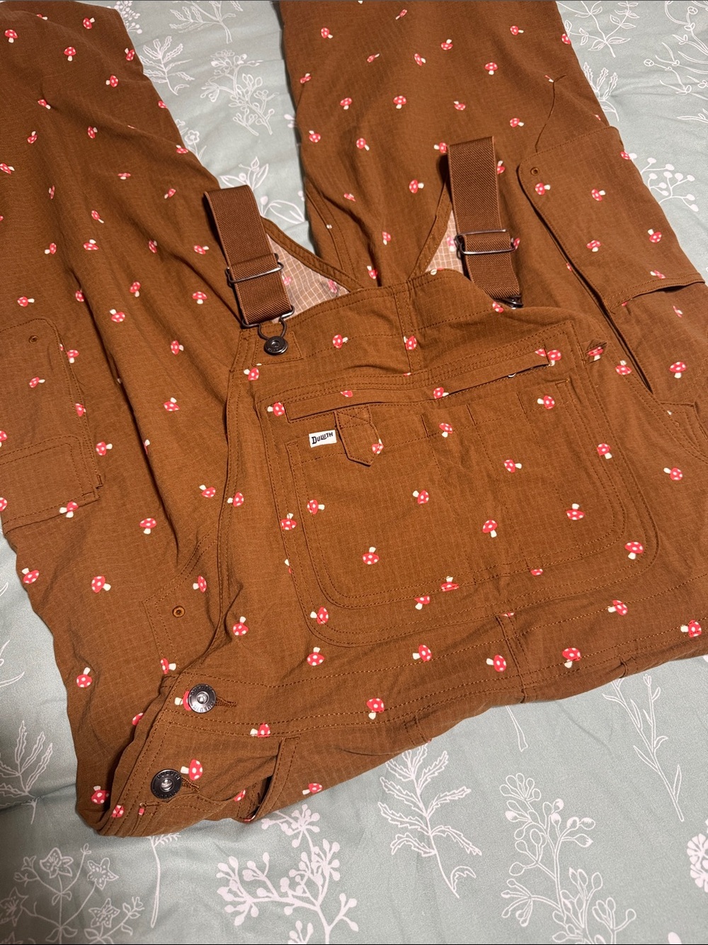 Duluth Trading Co Brown Mushroom-Print Bib Overalls